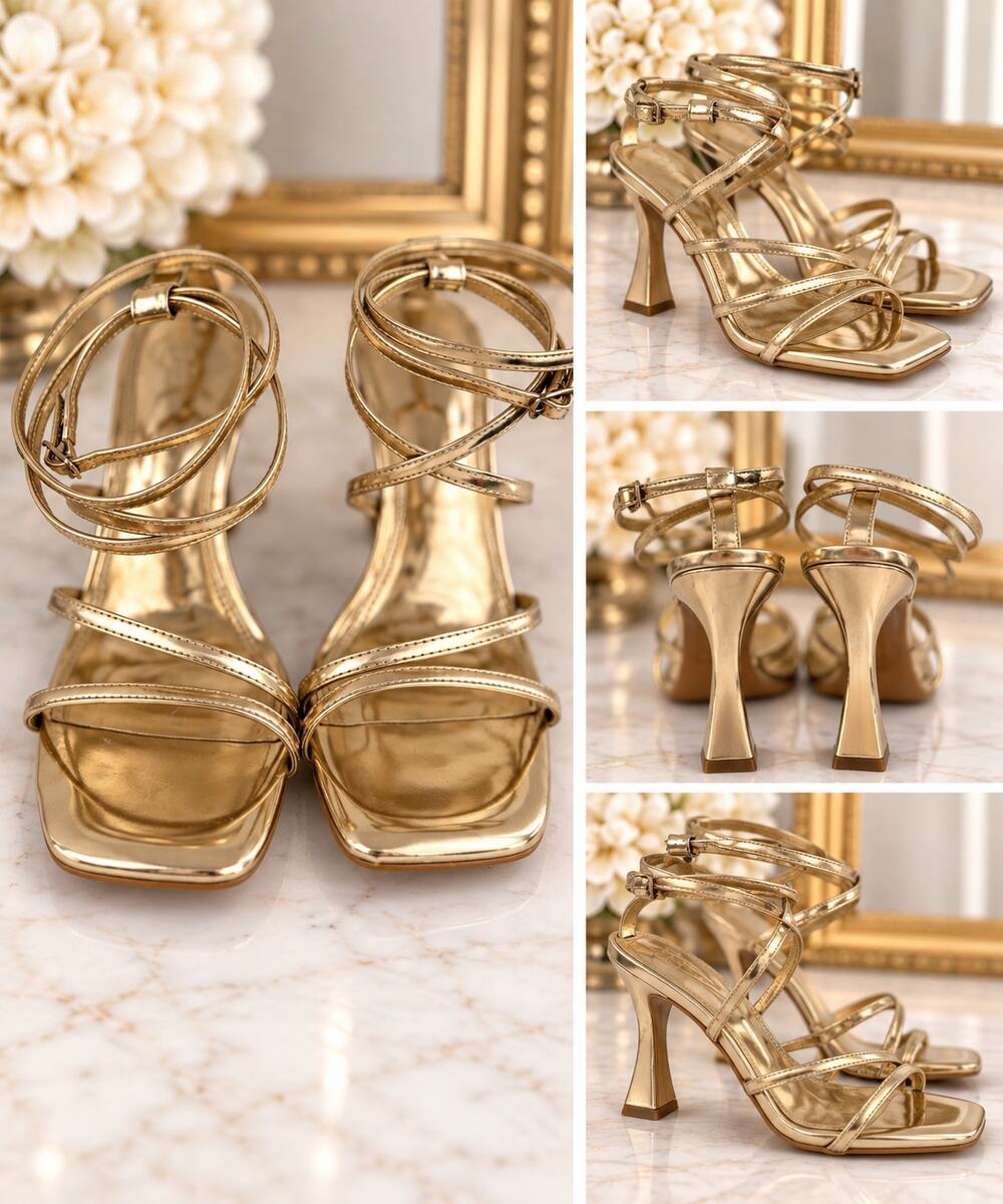 GB Women's Metallic Gold Strappy Square Toe Flared Heel Sandals Size 6.5